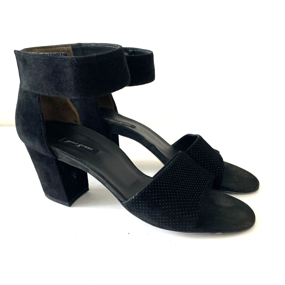 Paul Green Mackenzie Sandal Black Suede Block Open Toe Ankle Strap 5.5UK 8US